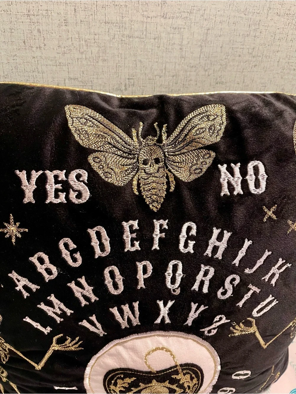 Ouija Planchette Embroidered Velvet Pillow - Black and Gold with Skeletons